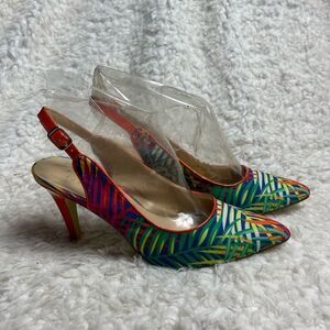 Ann Marino  Fabric tropical prints Neon colors sling back heels pointed toe SZ8M